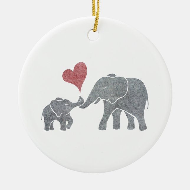 Elephant Hugs Grey Mom and Baby with Red Heart Ceramic Ornament (Front)