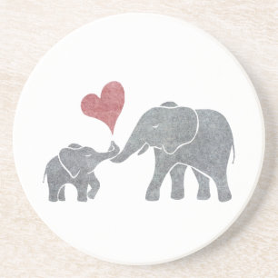 Elephant Hugs Grey Mom and Baby with Red Heart Coaster