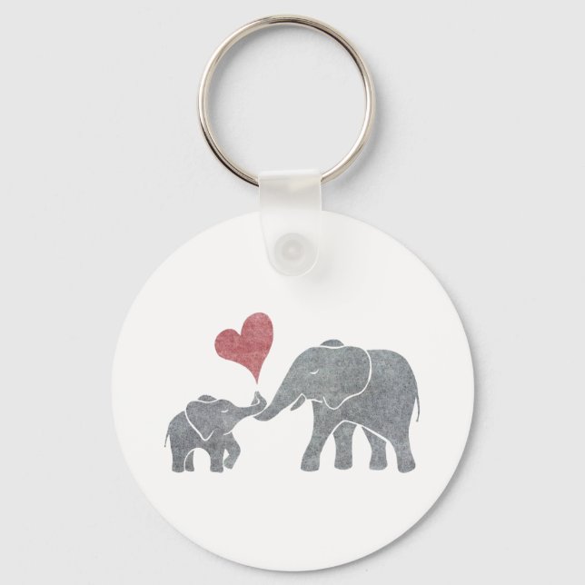 Elephant Hugs Grey Mom and Baby with Red Heart Keychain (Front)