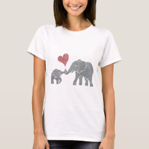 Elephant Hugs Grey Mom and Baby with Red Heart T-Shirt