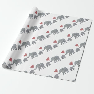 Elephant Hugs Grey Mom and Baby with Red Heart Wrapping Paper