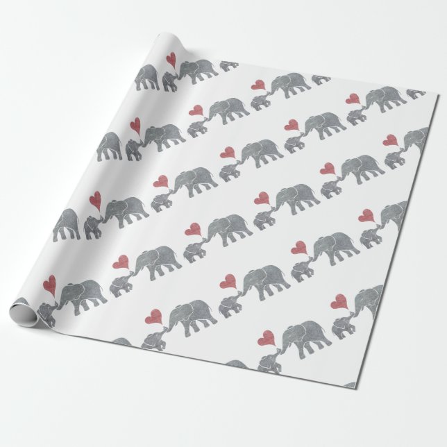 Elephant Hugs Grey Mom and Baby with Red Heart Wrapping Paper (Unrolled)