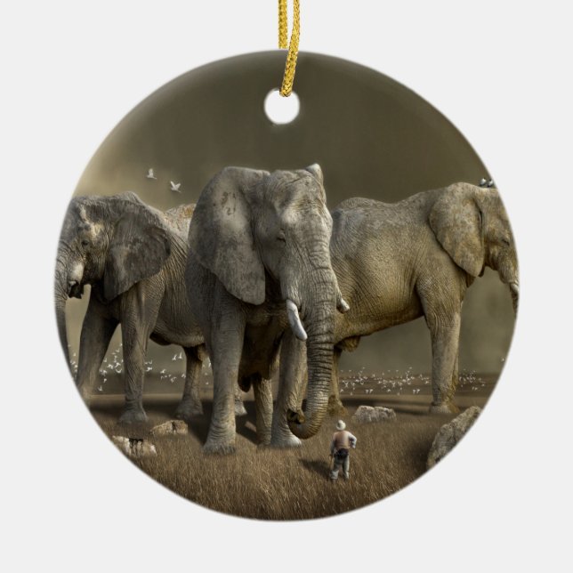 Elephant Hunter on Safari Ceramic Ornament (Front)