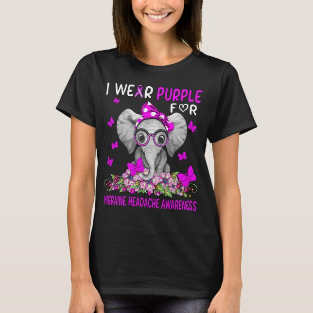 Elephant I Wear Purple For Migraine Headache  T-Shirt (Front)