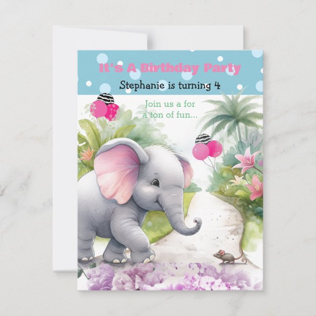 Elephant in a Garden Birthday Invitation (Front)