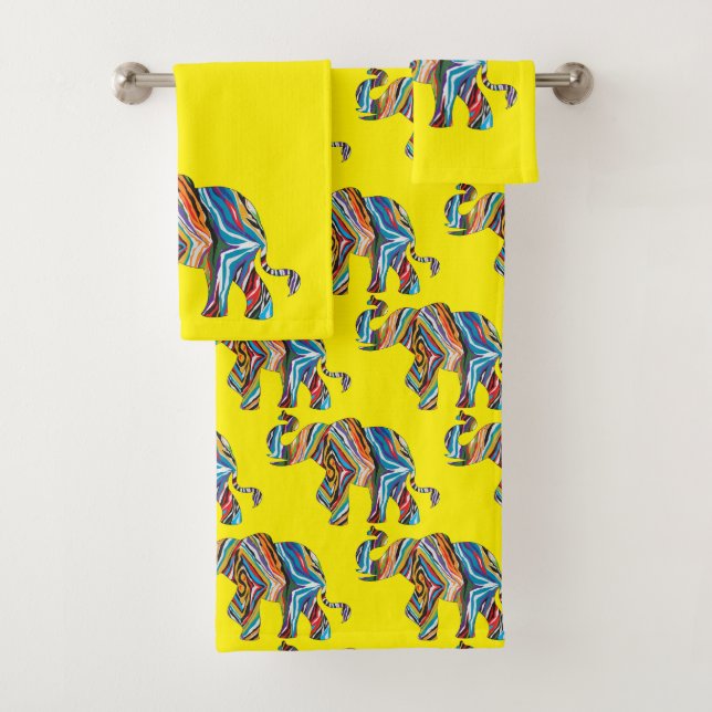 Elephant in a Psychedelic Zebra Pattern Bath Towel Set (Insitu)