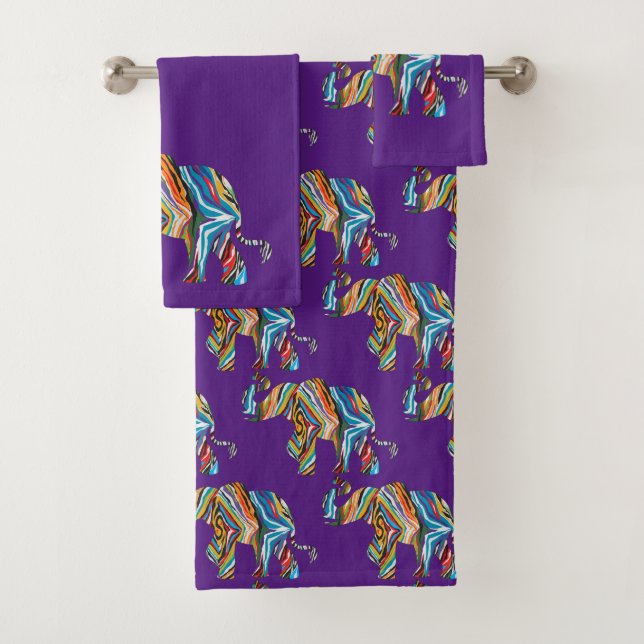 Elephant in a Psychedelic Zebra Pattern Bath Towel Set (Insitu)