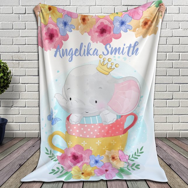 Elephant in a Teacup with Flowers and Custom Name Fleece Blanket (Creator Uploaded)