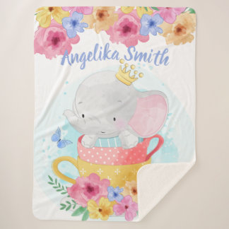Elephant in a Teacup with Flowers and Custom Name Sherpa Blanket