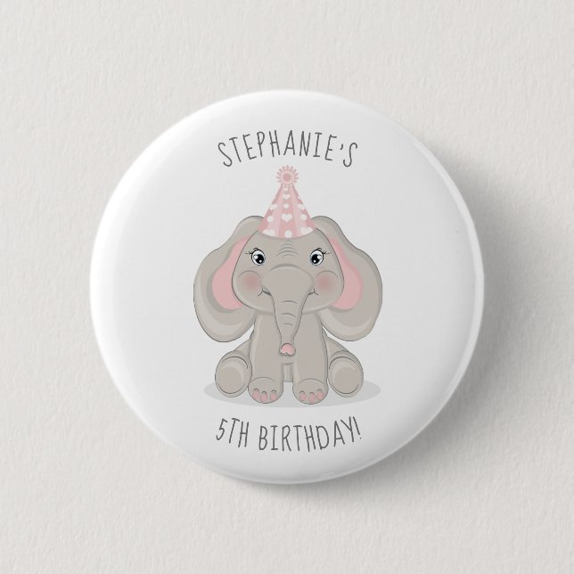 Elephant in Birthday Party Hat 2 Inch Round Button (Front)