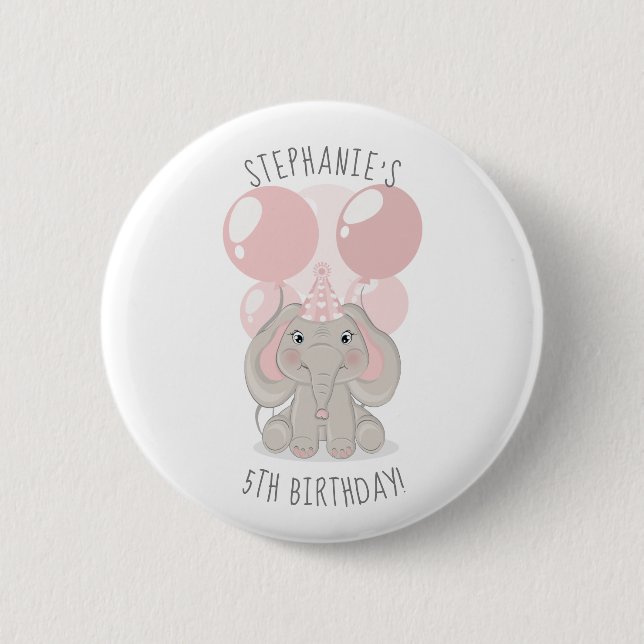 Elephant in Birthday Party Hat Button (Front)