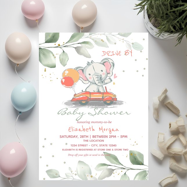 Elephant In Car Floral Drive By Baby Shower Invitation (Creator Uploaded)
