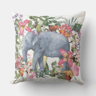Elephant in flower jungle throw pillow