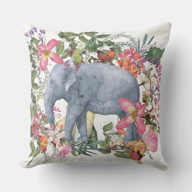 Elephant in flower jungle throw pillow (Front)