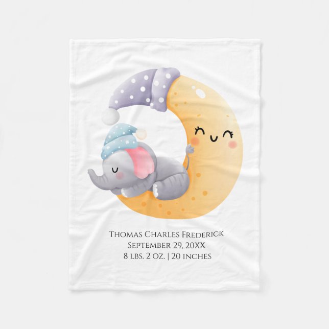 Elephant in Moon Personalized Birth Stats Baby Fleece Blanket (Front)