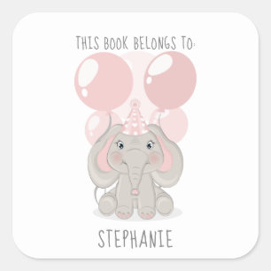 Elephant in Party Hat This Book Belongs to  Square Sticker