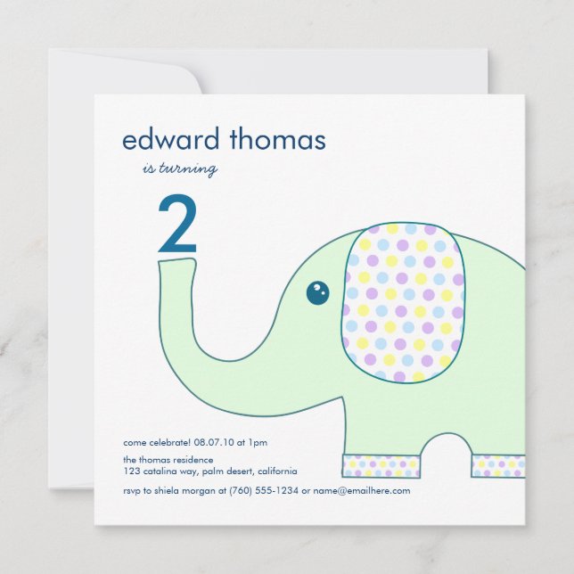 Elephant In Pastels Birthday Invitations (Front)