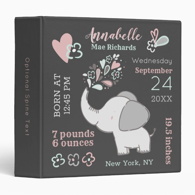 Elephant in Pink & Grey Baby Birth Stats Keepsake Binder (Front/Spine)