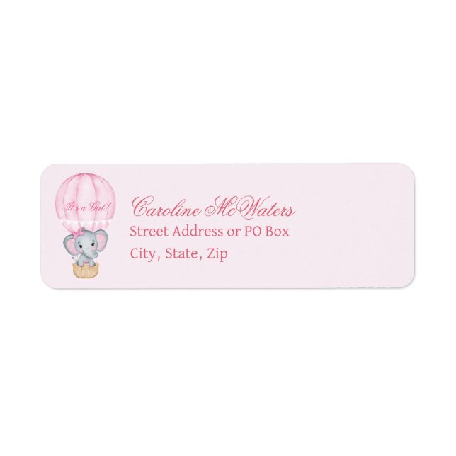 Elephant in Pink Hot Air Balloon Return Address (Front)