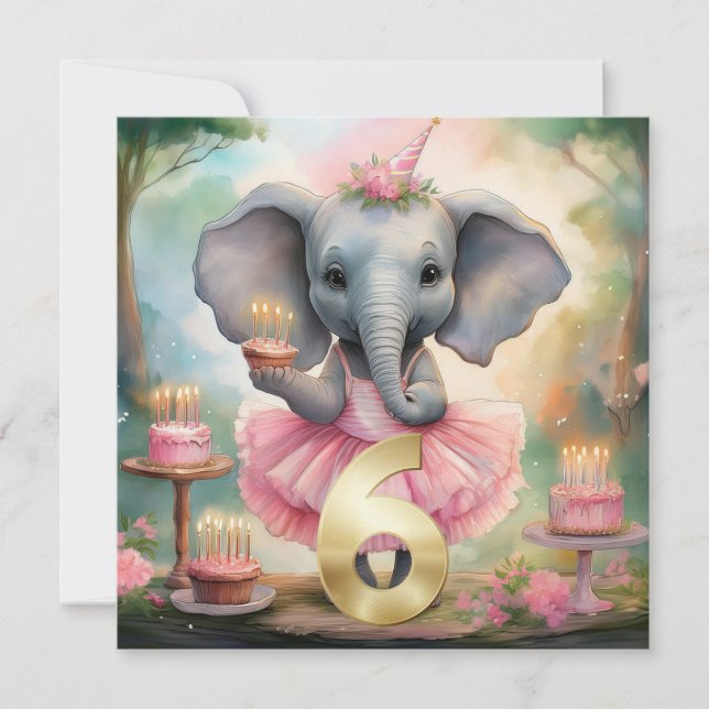 Elephant in pink tutu Happy 6th Birthday Card (Front)