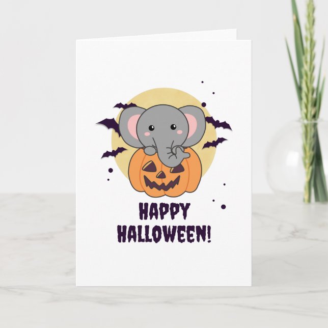 Elephant In Pumpkin Cute Elephant Happy Halloween Card (Front)