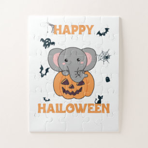 Elephant In Pumpkin Cute Elephant Happy Halloween Jigsaw Puzzle