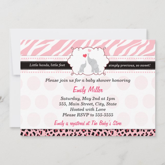 Elephant Invitation Baby Girl Shower Pink Zebra (Front)