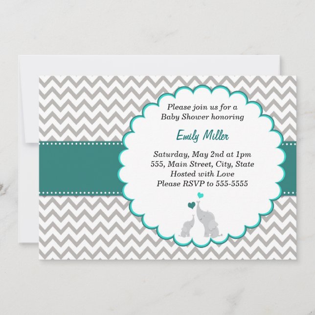 Elephant Invitation Baby Shower Unisex Teal (Front)