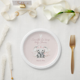 Elephant it's a girl Boho Floral Pink Baby Shower Paper Plate