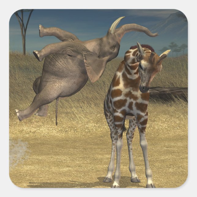 Elephant Jumps Over Giraffe Square Sticker (Front)