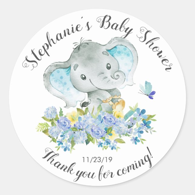 Elephant Jungle Animals Baby Boy Shower Favour Classic Round Sticker (Front)