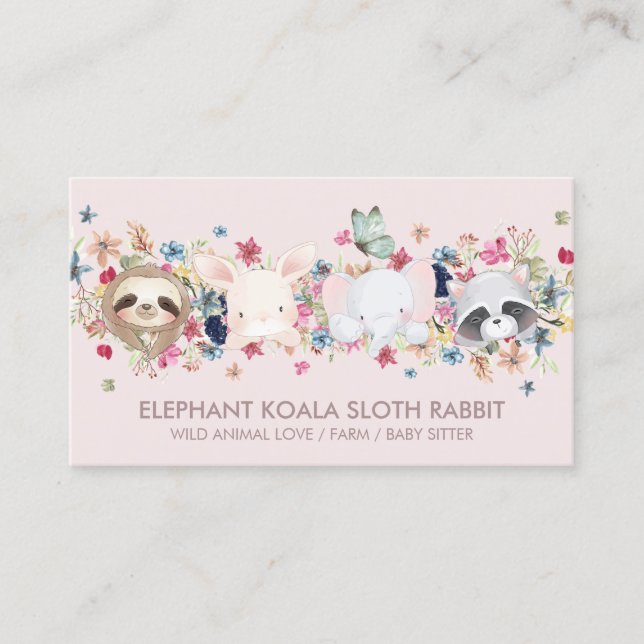 ELEPHANT KOALA SLOTH RABBIT BABY ANIMAL PINK BUSINESS CARD (Front)