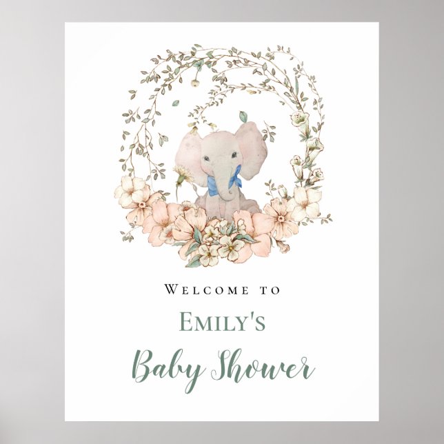 Elephant Leaf Frame Welcome Boy Baby Shower Poster (Front)