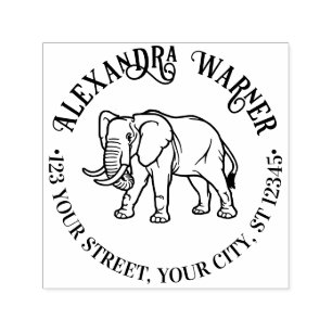 Elephant Line Art #2 Round Name Return Address  Self-inking Stamp