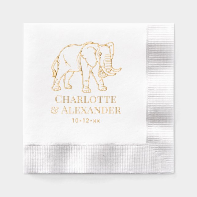 Elephant Line Art #2 Wedding Couple Names Date Foil Napkins (Front)