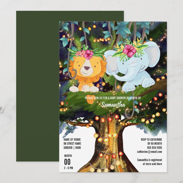Elephant lion tropical jungle tree string lights  invitation (Front/Back)
