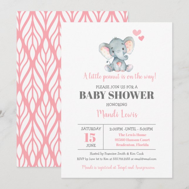 Elephant Little Peanut Girl Baby Shower Invitation (Front/Back)