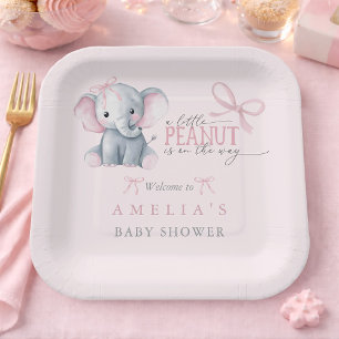 Elephant 'Little Peanut' Pink Bow Baby Girl Shower Paper Plate