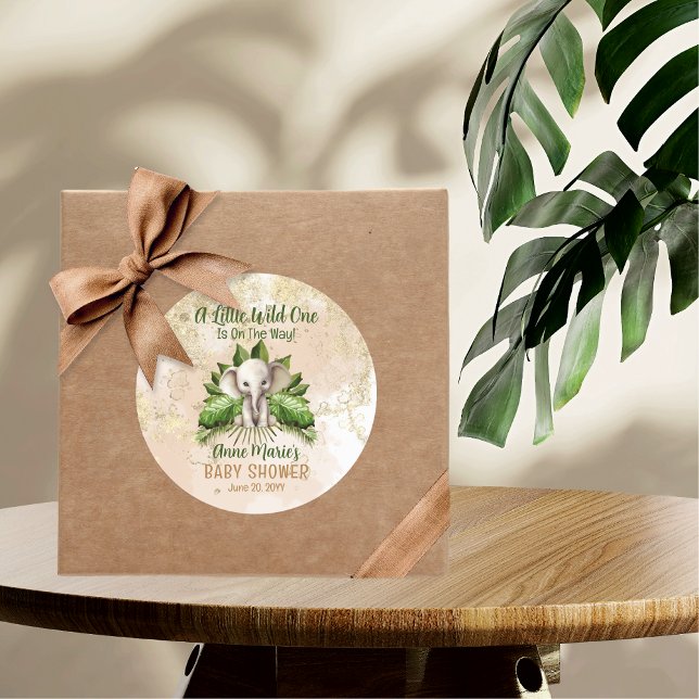 Elephant Little Wild One Is On The Way Baby Shower Classic Round Sticker (Elephant A Little Wild One Is On The Way Baby Shower Classic Round Sticker)