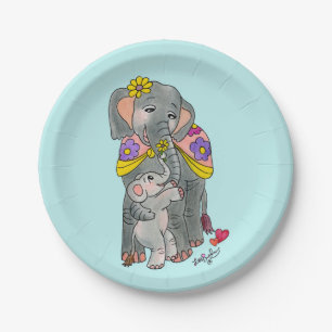 Elephant Mama and Baby Party Plates Blue