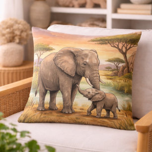 Elephant Mama And Calf Safari Animals  Throw Pillow