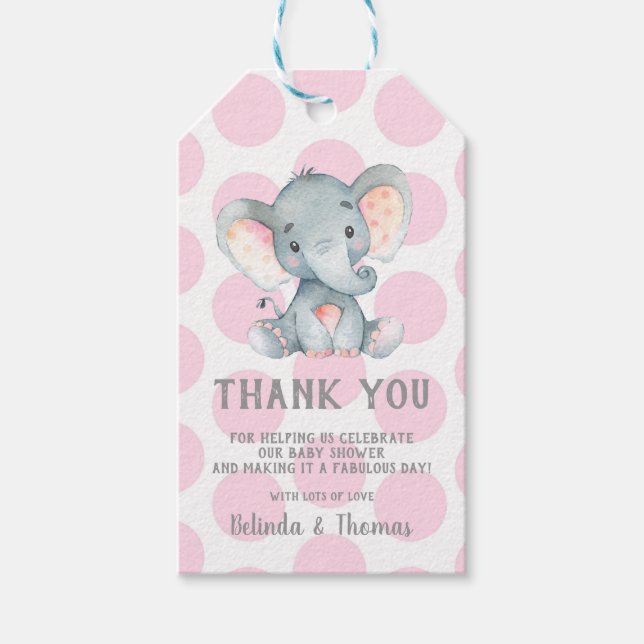Elephant Merci Baby shower étiquettes cadeaux rose (Devant)