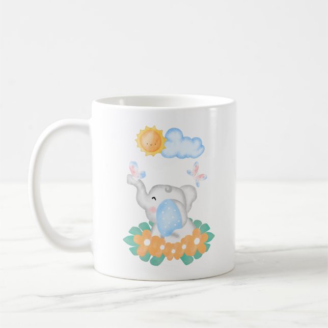 Eléphant mignon bébé avec fleurs orange Mug (Gauche)