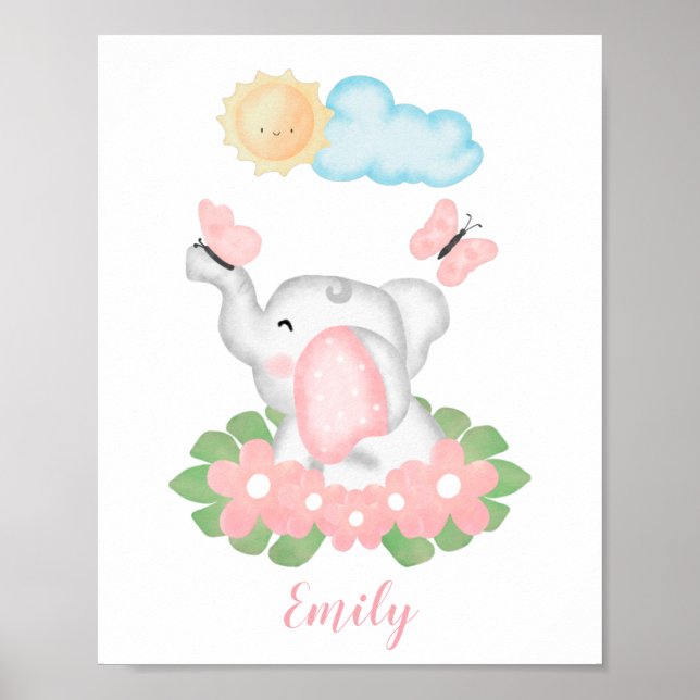 Eléphant mignon bébé avec poster de fleurs roses (Devant)