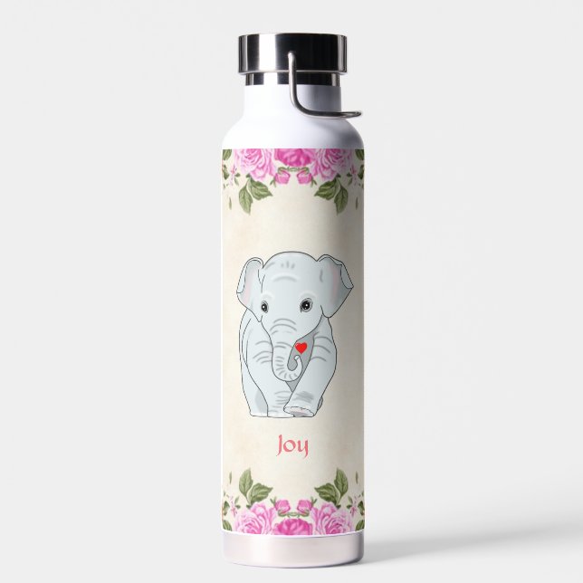 Eléphant mignon et Fleurs roses Bouteille d'eau (Gauche)
