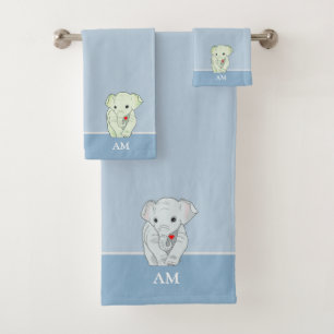 Éléphant Mignon & Monogramme sur un Bleu Merveille