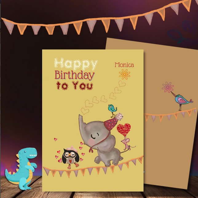 Eléphant mignon & Souris Carte Jaune d'anniversair (Cute Elephant & Mouse Yellow Birthday Card)