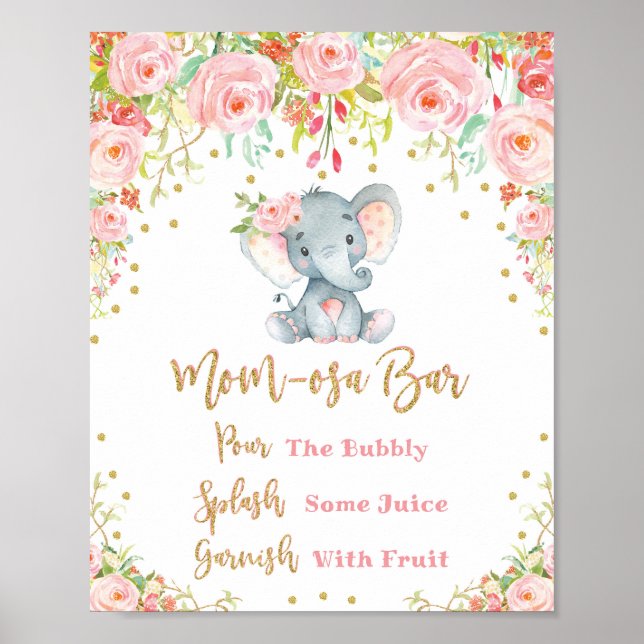 Elephant Mimosa Bar Sign Floral Baby Shower Decor (Front)