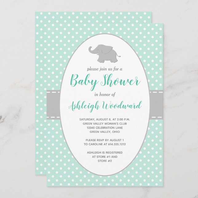 Elephant Mint Green Grey Polka Dot Baby Shower Invitation (Front/Back)