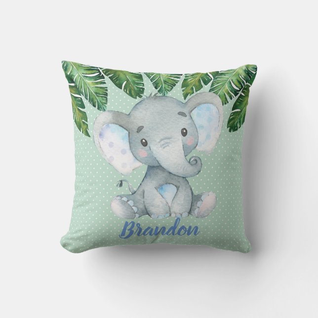 Elephant Mint Green Tropical Boy Nursery Decor Throw Pillow (Front)